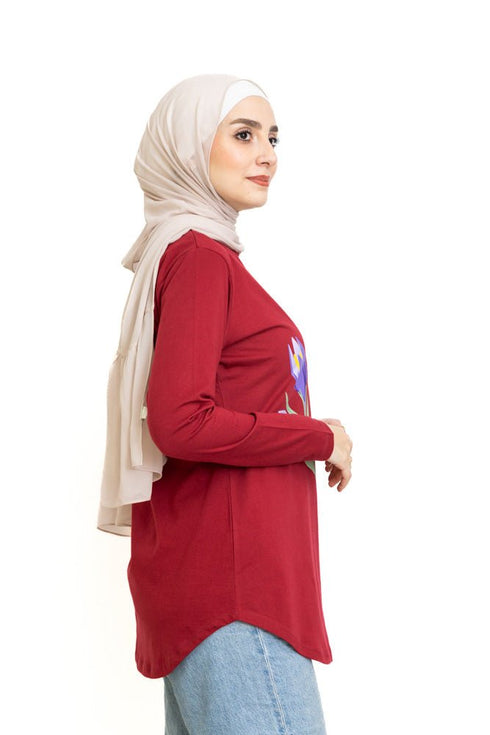 Brick Red Printed Long - Sleeve Design 5 - Khotwh